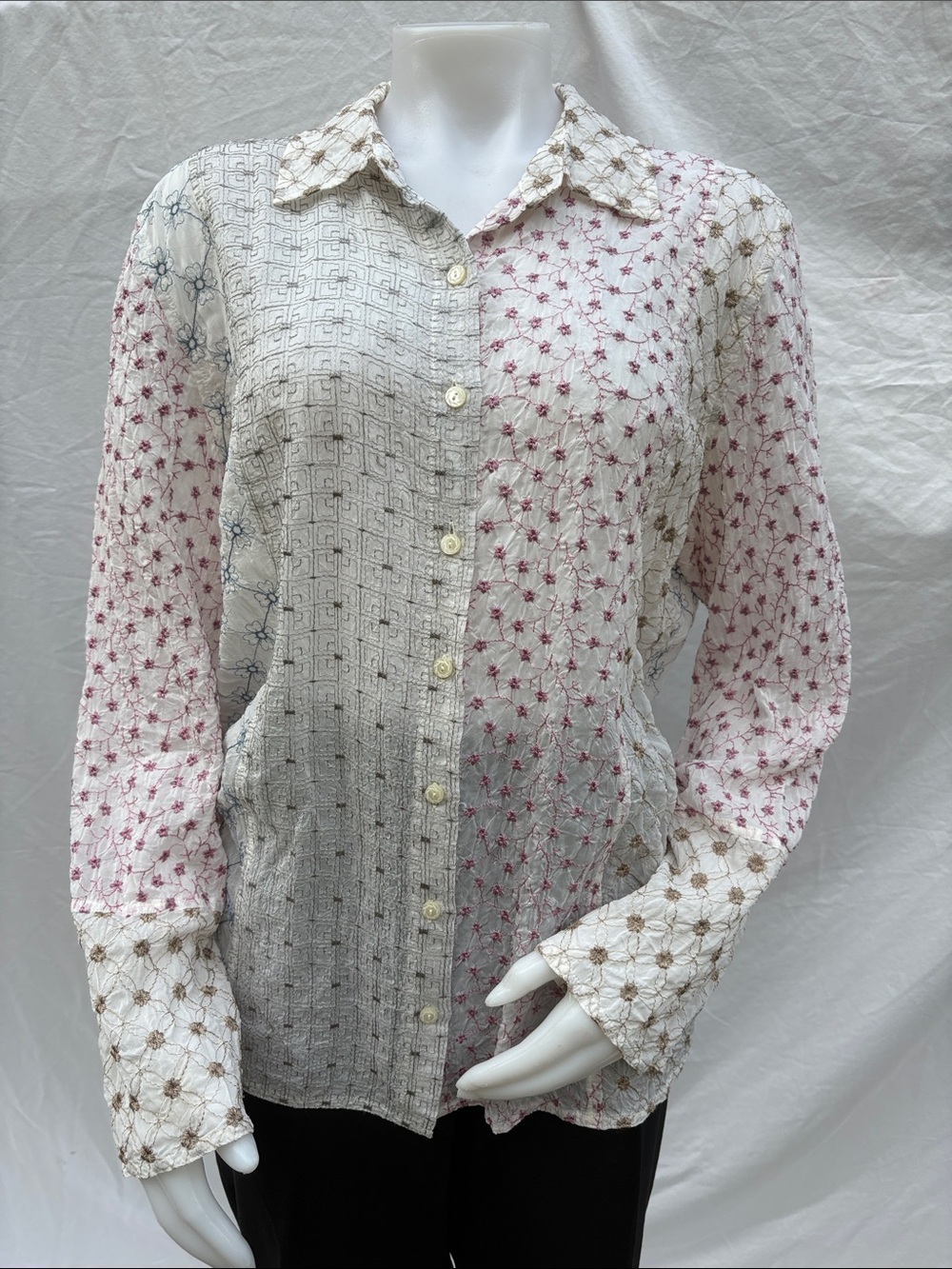 J. Jill White Button-Down Shirt with Pink, Brown, and Blue Embroidered Panels - Picture 10 of 12